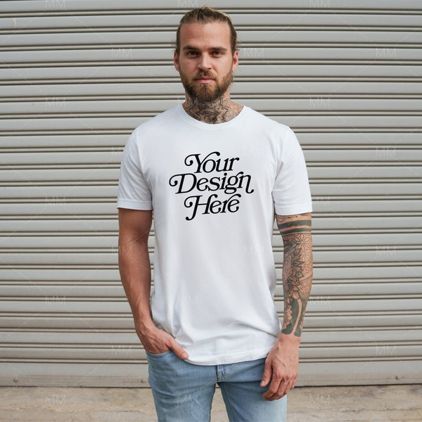 Bella Canvas 3001 Mens Tshirt Mockup | Tattooed Model Mockup | White T-Shirt Mockup for Men | White Tee Mockup | Lifestyle Men's Mock up