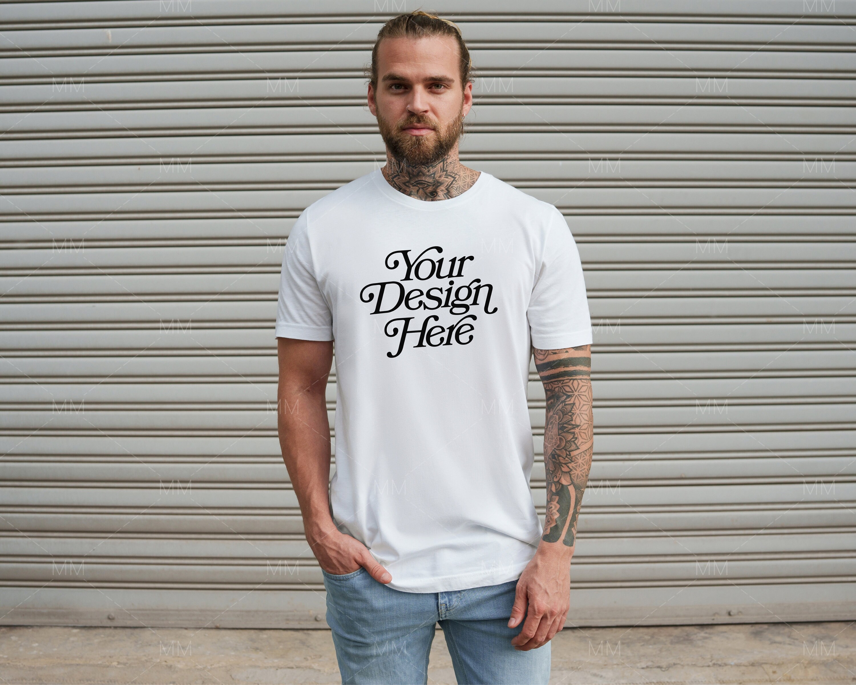 Bella Canvas 3001 Mens Tshirt Mockup | Tattooed Model Mockup | White T-Shirt Mockup for Men | White Tee Mockup | Lifestyle Men's Mock up