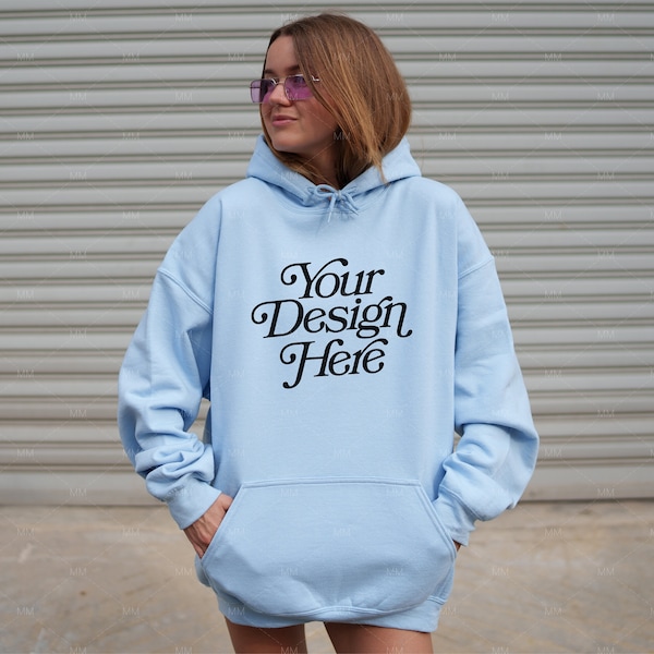 Gildan 18500 Light Blue Hoodie Mockup | Oversized Hoodie Mockup | Model Mockup | Outdoor Mock-up | Trendy Hoodie Mock up | Minimalist Mock