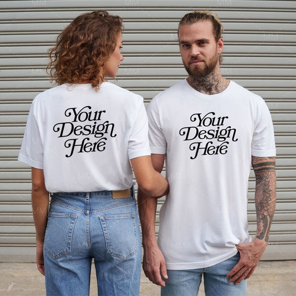 Couple Tshirt Mockup | Front and Back T-shirt Mockup | Bella Canvas 3001 White T-shirt Mockup | Couple Model Mockup | Man and Woman Mock up