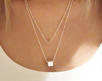 Cube Pendant Double Layer Necklace Set