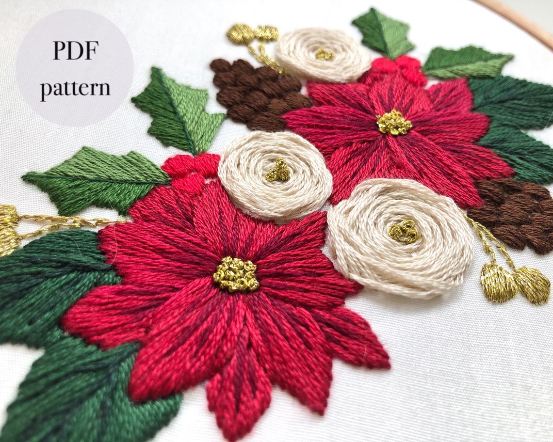 Christmas Poinsettia Embroidery Pattern PDF Christmas Flowers Etsy
