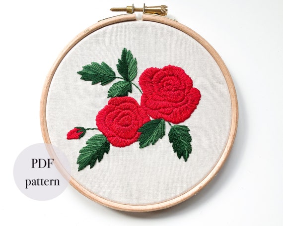 Red Rose Embroidery Pattern Rose Hoop Art Pattern Satin Stitch
