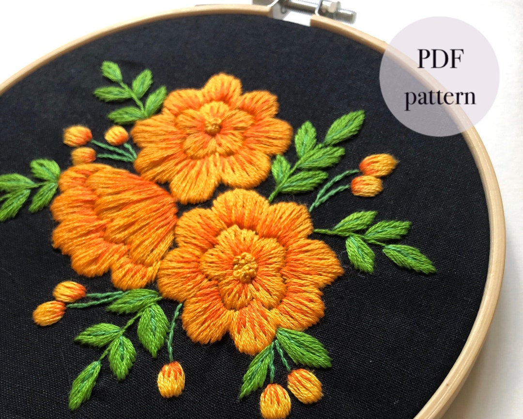 Marigold Embroidery Pdf Pattern Floral Hoop Pattern Floral Etsy