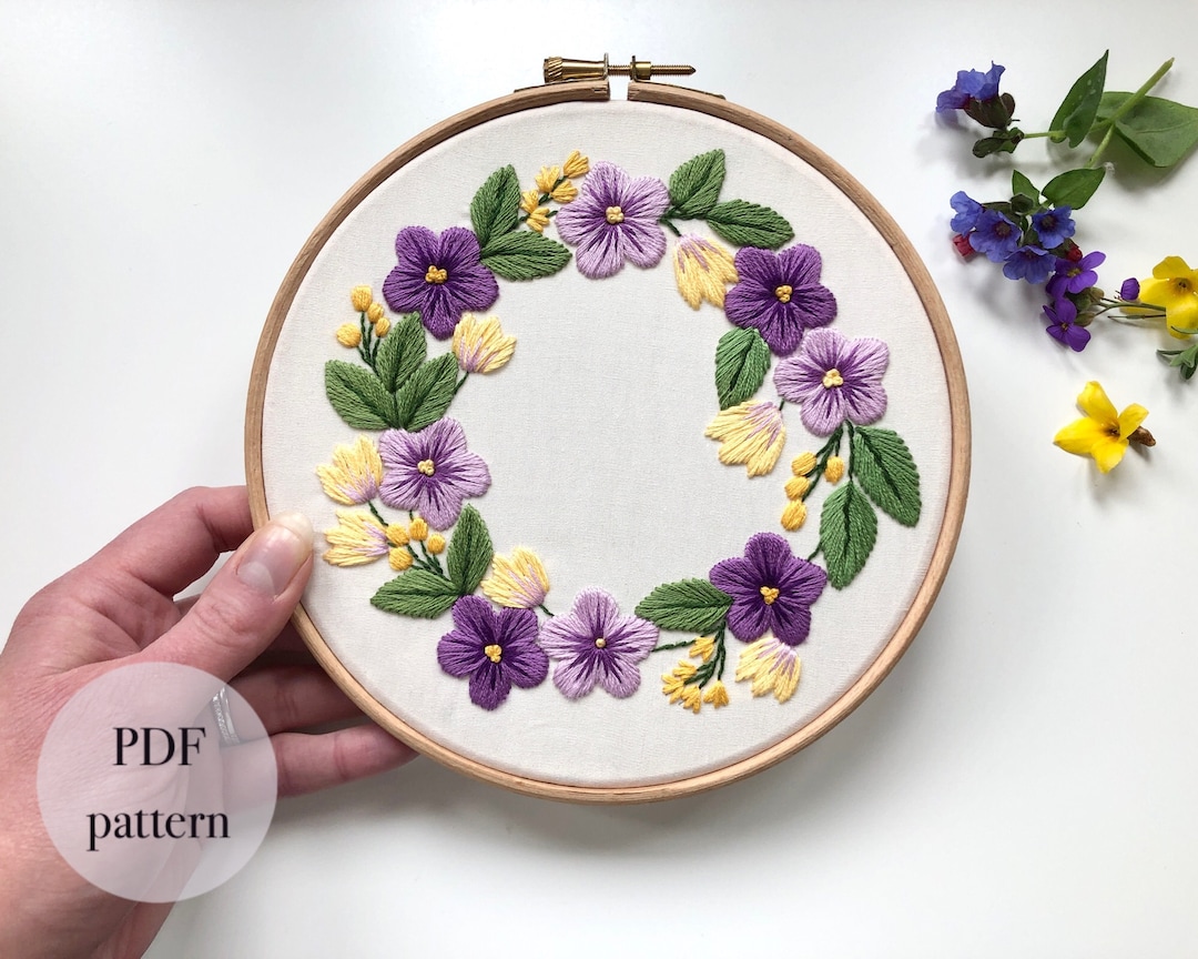 Purple Flowers Embroidery Pattern // Hand Embroidery Pdf Design, Spring