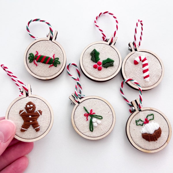 Mini Christmas Embroidery Ornaments - embroidered tree decoration, advent calendar fillers, festive embroidery decor, embroidered bauble