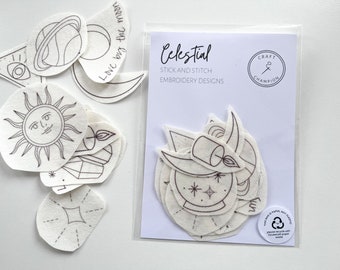 Celestial Embroidery Patterns - Stick-and-Stitch Stickmotive, Sonne und Mond Dekoration, wasserlösliche Designs