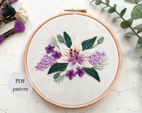 Lily Embroidery Pattern, Crafts for Anxiety, Purple Needlepoint