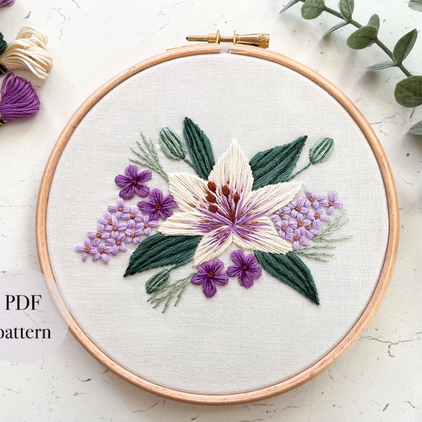 Lily Embroidery Pattern, Crafts for anxiety, Purple needlepoint design, Lilac flower pattern pdf, Thoughtful craft gift