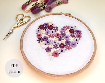 Heart Embroidery Pattern PDF - Floral Hand Embroidery PDF Pattern - Instant Download Pattern