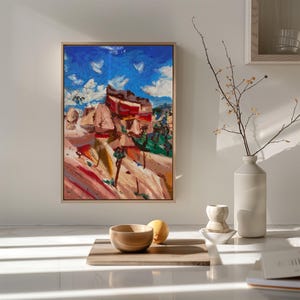 Pink Desert #1- Red Rock Desert Landscape Art- Oil Pastel Landscape Artwork- Summer Red Rock- Utah Desert Artwork