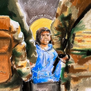 Refugee Child Chalk Pastel Art Print – Christmas Artwork- Title: 'Prepare Him Room (2023)'