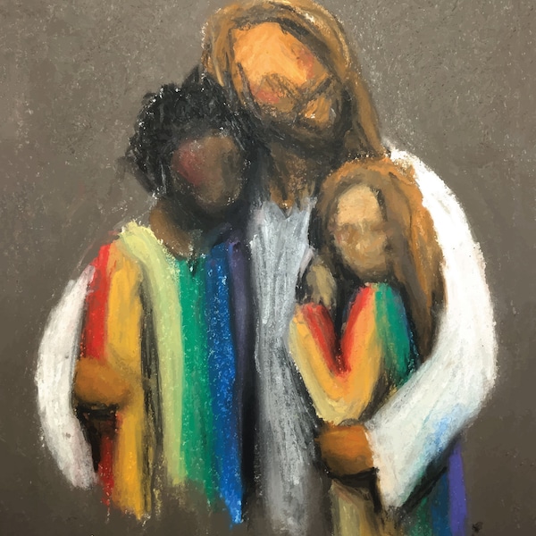 For God is Love- LGBTQ+ Christian Art- Queer Religious Art- Chalk Pastel Drawing- Jesus Embracing Queer Children