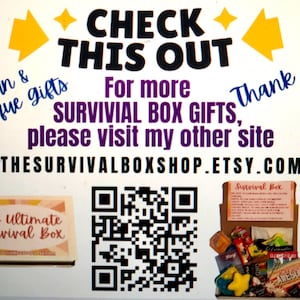 May include: A colorful image with the text "Check This Out" in black letters. The text "Fun & Unique Gifts" is in blue letters. The text "For more Survival Box Gifts, please visit my other site" is in purple letters. The text "THESURVIVALBOXSHOP.ETSY.COM" is in black letters. The text "Thank you" is in blue letters. A QR code is in the center of the image. A box with the text "The Ultimate Survival Box" is in the lower left corner of the image. A box with the text "Survival Box" is in the lower right corner of the image.