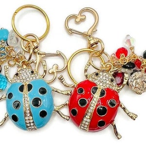 Ladybug Keychain - Red or Blue Enamel with Crystals