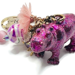 Glittery Pink Hippopotamus Keychain - Gold or Silver Chain