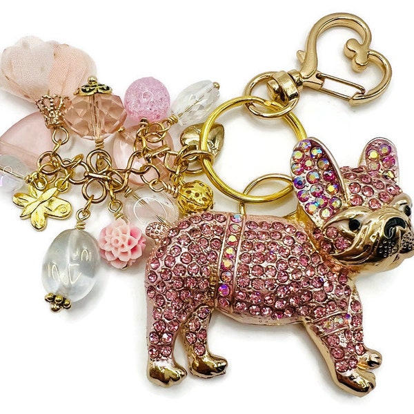 Pink Crystal French Bulldog Keychain