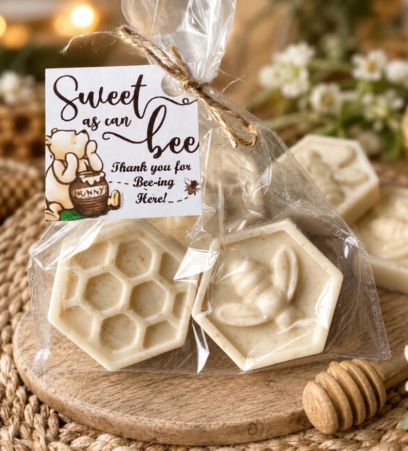 Oatmeal soap favors: Baby Shower, birthday party, Bee day, Wedding Winnie the Pooh party favors Sweet as can bee tag 2 soaps per favor image 1