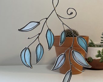 Stain Glass Leaves in Light Wispy Blue Plant Suncatcher Window Decor Leaf Branch