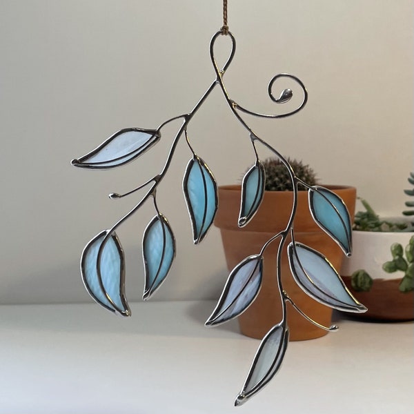 Stain Glass Leaves in Light Wispy Blue Plant Suncatcher Window Decor Leaf Branch