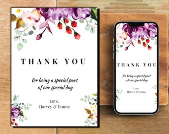 Eucalyptus Floral - Thank You card - Digital & Printable Card - Editable via phone, laptop, tablet