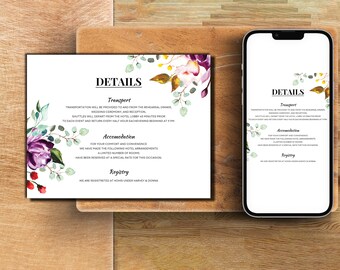 Eucalyptus Floral - Details Card - Digital & Printable Card - Editable via phone, laptop, tablet