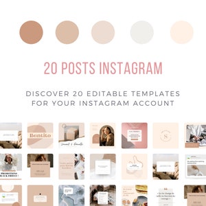 Puede incluir: Un collage de 20 plantillas de publicaciones de Instagram con varios diseños y paletas de colores. Las plantillas incluyen cuadros de texto, imágenes y gráficos. El texto "20 POSTS INSTAGRAM" y "DISCOVER 20 EDITABLE TEMPLATES FOR YOUR INSTAGRAM ACCOUNT" se muestra en la parte superior de la imagen.