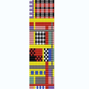 May include: A colorful geometric pattern with squares and rectangles in shades of yellow, red, blue, black, white, and gray. The pattern is made up of small squares and rectangles arranged in a repeating pattern.