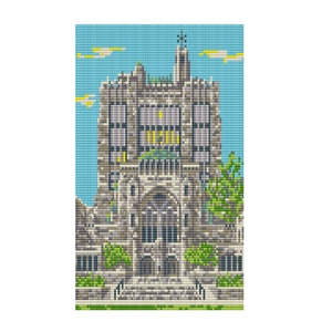 May include: A detailed pixel art illustration of a large, gray stone building with arched doorways and windows. The building has a pointed roof and is surrounded by green trees and a blue sky with white clouds.