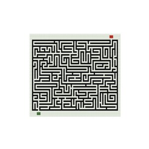 May include: A black and white maze with a red square at the top right corner and a green square at the bottom left corner.
