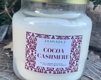 ココアカシミアキャンドル、16オンスココナッツワックスキャンドル、アンバー＆チョコレート