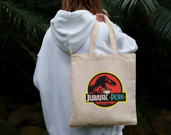 Jurassic Perk Tote Bag, T-Rex, Dino Dinosaur Gifts, jaren 90 Movie Scifi Nerdy Gifts, Jurassic World Coffee Tea Lover Canvas Tote Bag