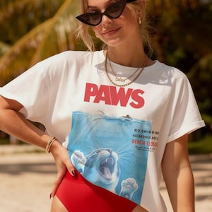 Paws Cat T-Shirt: Jaws Movie Parody, Funny Cat Meme Shirt