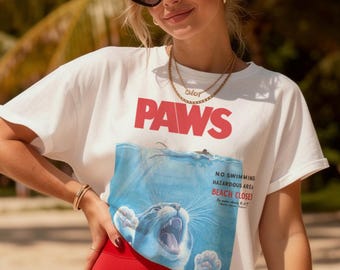 Katzen T-Shirt: Jaws Film Parodie, Lustiges Katzen Meme Shirt