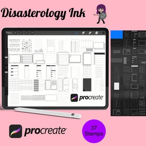 Könnte beinhalten: Eine digitale Illustration von 37 Procreate-Stempeln für digitale Planer. Die Stempel sind schwarzweiß und beinhalten verschiedene Formen, Linien und Gitter. Das Bild enthält auch den Text "Disasterology Ink" und "Procreate".