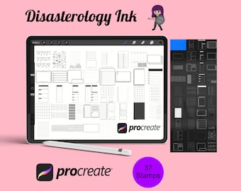 May include: A digital illustration of 37 Procreate stamps for digital planners. The stamps are black and white and include various shapes, lines, and grids. The image also includes the text "Disasterology Ink" and "Procreate".
