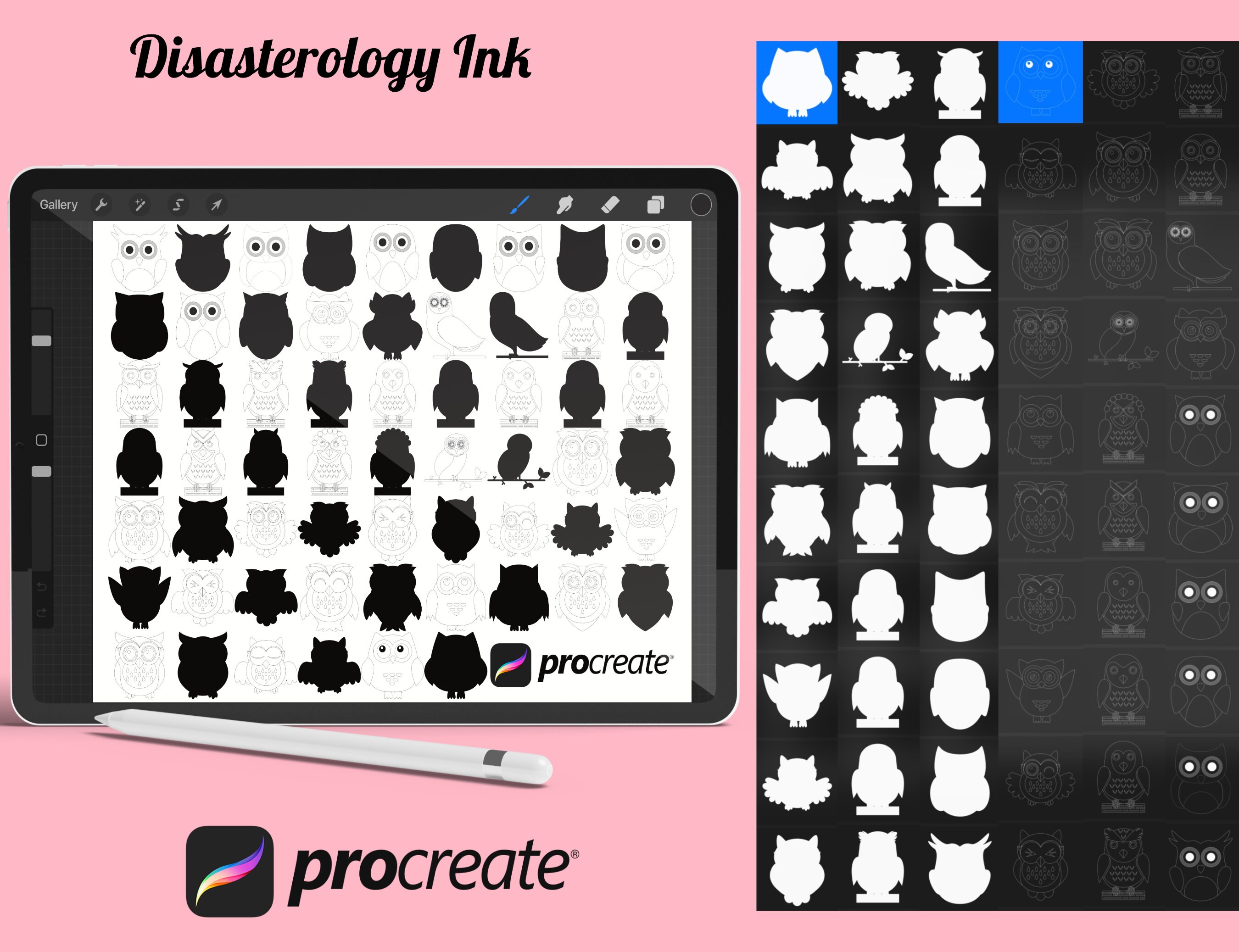 Cartoon Owl Outlines & Silhouettes Procreate Brush Stamps Set 2, 60 Cute Owls