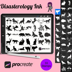 May include: A digital illustration of 33 black and white animal stamps for the Procreate app. The stamps include a variety of animals, including a rabbit, a cat, a bird, a fish, a turtle, a dog, and a horse. The stamps are designed in a simple, minimalist style.