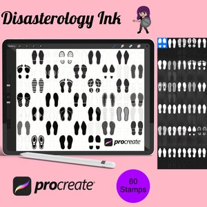 Puede incluir: Una ilustración digital de 60 sellos diferentes de zapatos y huellas para la aplicación Procreate. Los sellos son en blanco y negro y están dispuestos en una cuadrícula sobre un fondo blanco. El texto "Disasterology Ink" y "60 Stamps" también es visible en la imagen.