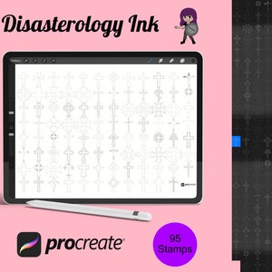 May include: A digital illustration of 95 different cross designs for use as stamps in the Procreate app. The crosses are in black and white and are displayed on a white background.