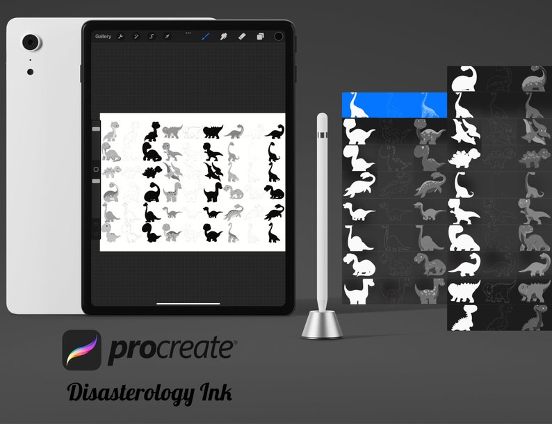 Cartoon Dinosaurs, Outlines and Silhouette Set 4 Procreate Brush Stamps ...