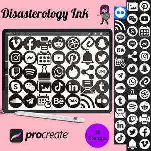 May include: A set of 35 black and white social media icons for Procreate, a digital art app. The icons include popular platforms such as Instagram, Facebook, Twitter, YouTube, TikTok, and more.