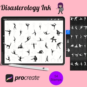 May include: A digital art illustration featuring a tablet displaying black silhouette stamps of various yoga poses. The tablet is accompanied by a stylus and the Procreate app logo. The text "Disasterology Ink" and "54 Stamps" are also visible.