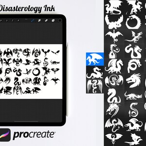 Puede incluir: Una ilustraci&oacute;n digital de una colecci&oacute;n de siluetas de dragones negros. La imagen se muestra en la pantalla de una tableta digital con el texto "Disasterology Ink" y "procreate" en la pantalla.