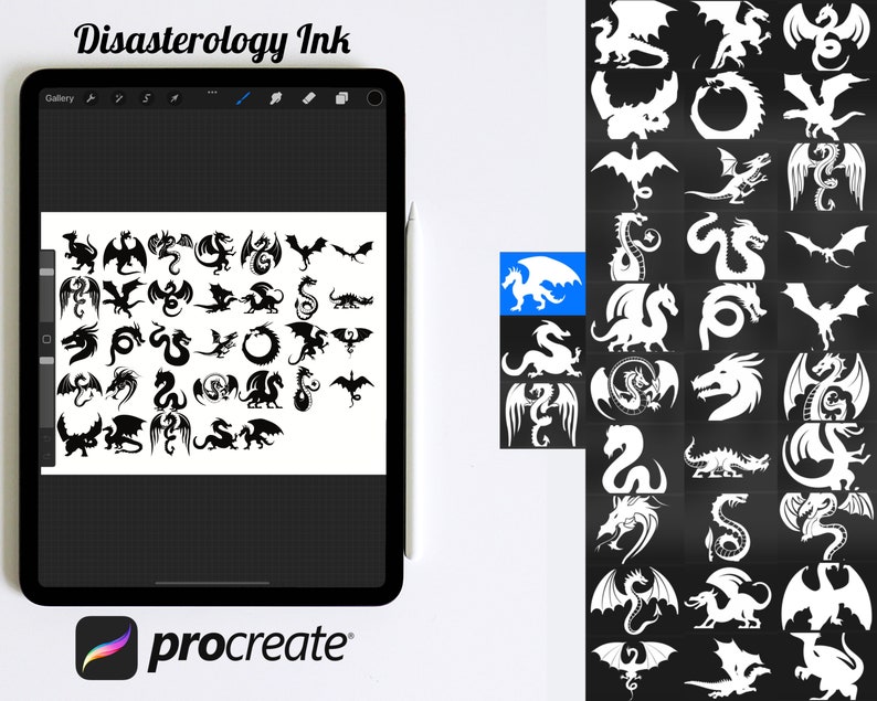 Puede incluir: Una ilustraci&oacute;n digital de una colecci&oacute;n de siluetas de dragones negros. La imagen se muestra en la pantalla de una tableta digital con el texto "Disasterology Ink" y "procreate" en la pantalla.