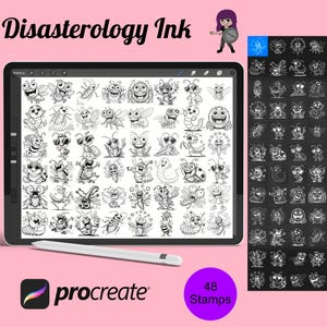 May include: A digital illustration of 48 black and white stamps featuring various cartoon insects. The stamps are displayed on a tablet screen and a separate black background. The text "Disasterology Ink" and "48 Stamps" are visible in the image. The image is for Procreate.