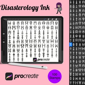 Puede incluir: Una ilustración digital de 100 sellos en blanco y negro para la aplicación Procreate. Los sellos son estilizados y abstractos, con formas geométricas y líneas. El texto "Disasterology Ink" y "100 Stamps" es visible en la imagen.