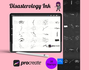 Op de afbeelding: Een digitale illustratie van 38 scheur- en gebroken glasstempels voor Procreate. De stempels zijn zwart-wit en zijn gerangschikt in een raster op een witte achtergrond. De tekst "Disasterology Ink" staat bovenaan de afbeelding.