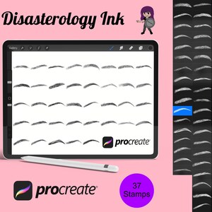 Könnte beinhalten: Eine digitale Illustration von 37 Augenbrauen-Stempeln für die Procreate-App. Die Stempel werden auf einem Tablet-Bildschirm angezeigt und sind für die Verwendung in digitaler Kunst und Illustration konzipiert.