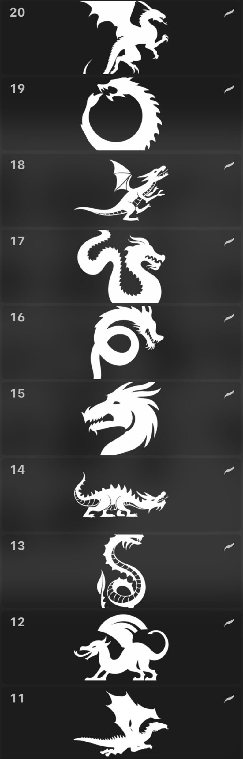 Puede incluir: Un conjunto de diez siluetas de dragones en blanco y negro, numeradas del 11 al 20. Cada drag&oacute;n se representa en una pose diferente, con distintos niveles de detalle.
